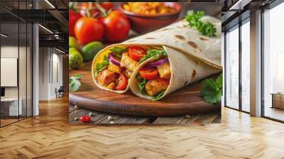 Butter chicken burrito wrapped in a tortilla with fresh vegetables and flavorful seasonings, chicken, vegetable Wall mural