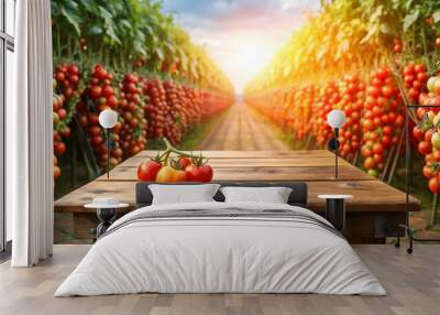 Empty table in a field of red tomatoes , fresh, vegetables, organic, farming, agriculture, harvest, crop, summer, natural Wall mural