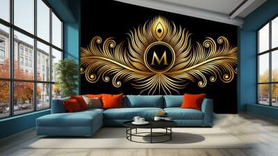 Golden peacock feather monogram design with elegant and luxurious aesthetic, peacock, feather, gold, monogram, elegant Wall mural