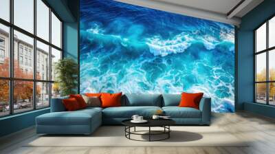 Top view of calming blue water waves with a textured ocean background, ocean, waves, water, blue, texture, sea, background Wall mural