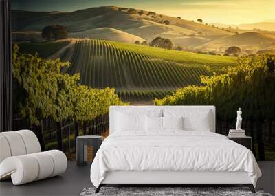 A vineyard with rows of budding grapevines and rolling hills in the distance created with Generative AI technology Wall mural