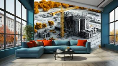 3D Render of a Construction Site with a Yellow Crane Lifting Construction Materials on a Grey Outline Background Wall mural