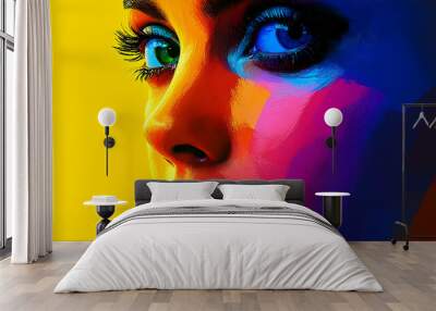 Abstract Colorful Portrait Painting of a Woman's Face with Bright Eyes and Bold Lips Wall mural