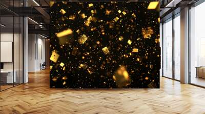 Abstract Golden Confetti Falling on Black Background, with Glitter, Creates a Festive and Elegant Atmosphere Wall mural