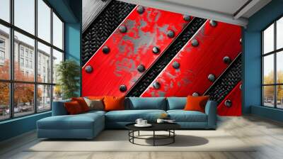 Abstract Metal Background with Red Stripes, Black Texture, and Silver Rivets, Geometric Shapes with Diagonal Pattern Wall mural