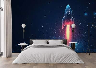 Abstract Polygonal Rocket Ship Taking Off with Red and Blue Lights on a Dark Background Illustration Wall mural