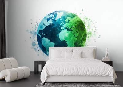 Abstract Watercolor Painting of the Earth with Green and Blue Hues on a White Background Wall mural