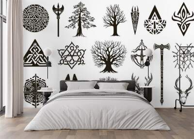 Collection of Black and White Vector Illustrations of Trees, Geometric Shapes, Weapons, and Animal Heads with a Celtic and Norse Theme Wall mural