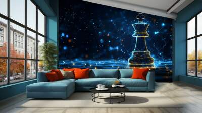 Digital Chess King Piece on Glowing Grid Background Wall mural