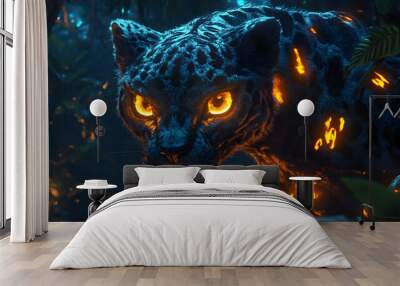 Fiery Jungle Cat: A Digital Art Masterpiece with Glowing Eyes and Fur Wall mural