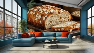 Freshly Baked Oat Bread Sliced on Wooden Cutting Board with Wheat Sprig Wall mural