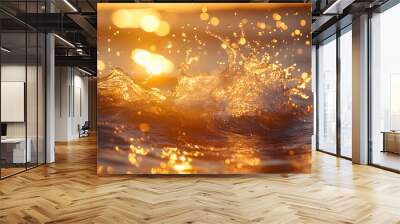 Golden Hour Ocean Wave with Water Droplets Creates Sparkling Surface Wall mural