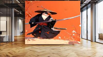 Penguin Samurai Warrior Holding a Sword and Wearing a Straw Hat Stands in a Field of Tall Grass, Orange Sky in the Background Wall mural