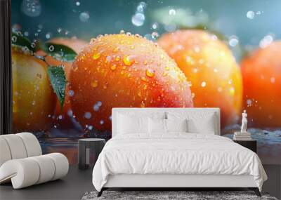 Ripe Peaches Splashing in Water with Fresh Leaves Wall mural