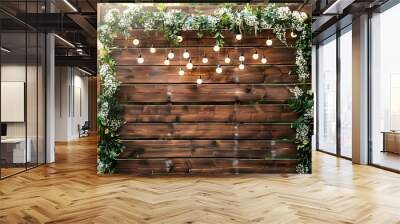 Rustic Wooden Wall Decorated with Greenery and Fairy Lights for a Wedding or Party Wall mural