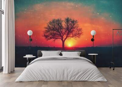 Silhouette of a Lone Tree Against a Vibrant Sunset with Grunge Texture Wall mural