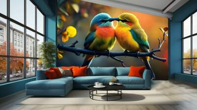 Two Colorful Birds Perched on a Branch,  Nature Photography Wall mural