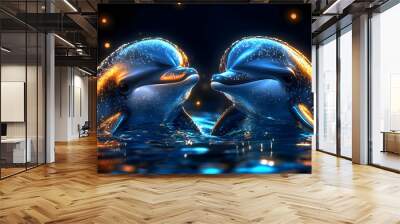 Two Dolphins Swimming in a Glittering Blue Ocean with Sparkling Lights Wall mural