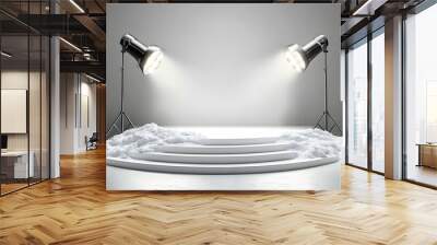 Two Studio Lights Illuminating a White Circular Platform with Three Steps and White Material on Each Side, Creating a Dramatic and Minimalist Product Display Setting Wall mural