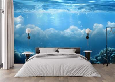 Underwater Scene with a Blue Sky and White Clouds  Revealing the Ocean Floor with Coral Reefs and Fish Wall mural