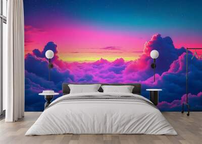 Vibrant Sunset Sky with Fluffy Clouds Overcast in Pink and Blue Hues Wall mural