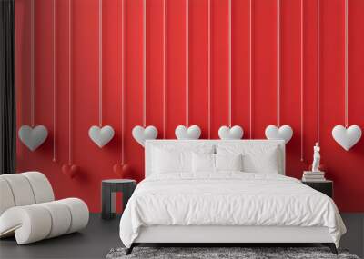 White Hearts Hanging from Strings on Red Background, Minimalist 3D Illustration of Love and Romance Wall mural