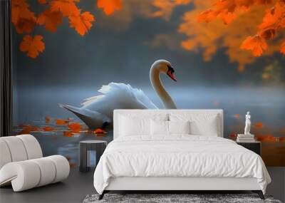 White Swan Gracefully Swimming in Tranquil Water with Orange Autumn Leaves Falling Around it, creating a Beautiful Scene Wall mural