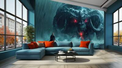 A brave warrior confronts a menacing demon-like creature with glowing red eyes and formidable tusks in a dark, misty forest. Wall mural