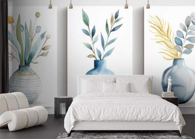 A collection of abstract interior paintings with vases of flowers and branches in pastel watercolor hues, displayed on a white wall. Wall mural