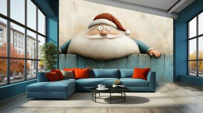 A comic depiction of Santa Claus with his red hat and white beard stuck in a narrow chimney, creating a humorous and charming Christmas postcard or greeting card. Wall mural