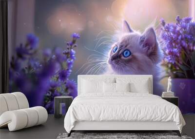 A cute baby kitten with blue eyes and white fur examining a vase of purple flowers, against a soft, blurred background of violet hues, creating a serene and beautiful visual. Wall mural