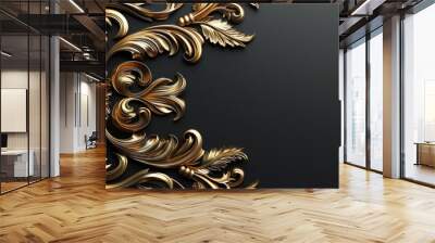 A gold decorative curl pattern against a black background, presenting an ornate and antique floral ornament with a vintage texture and elegant design. Wall mural