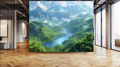 A green valley nestled between majestic mountain peaks, with a river flowing gently through, capturing the beauty of the natural landscape. Wall mural