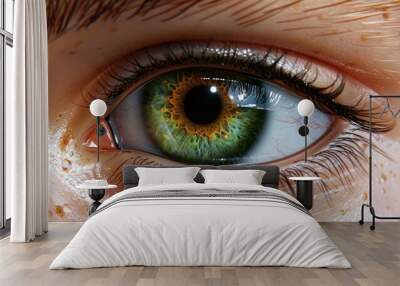 A macro image of a human eye, showing the vibrant color of the iris and the natural look of the eyelashes. Wall mural