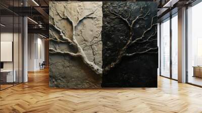 An abstract wall art composition with two panels, displaying a tree branch pattern in contrasting dark and light colors, offering a textured backdrop with a graphic design and modern appeal. Wall mural