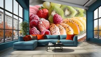 Assorted fruits like strawberries, kiwi, grapes, and raspberries on a decorative plate, vibrant vegetarian fruit platter, healthy eating concept. Wall mural