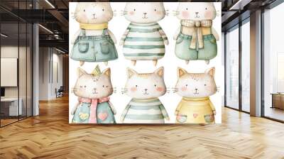 Cartoon-style watercolor illustration of cats in various outfits, designed to look funny and cute. Wall mural