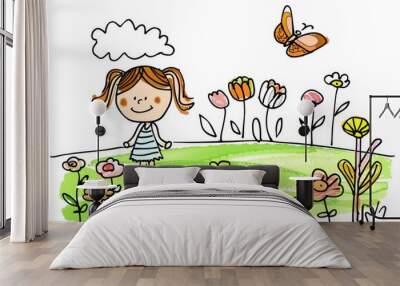 Child's drawing with chalk of a cute cartoon girl in a flower meadow with a butterfly, for children's books and postcards. Wall mural