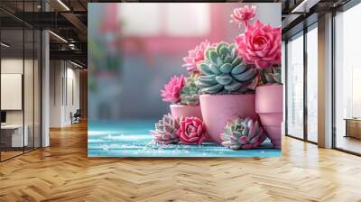 Collection of pink pots with green and pink succulents on a blue surface against a window. Wall mural