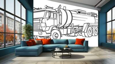 Fuel tanker truck with clean line art on a children's coloring page, isolated on a white background. Wall mural