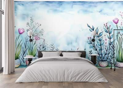 Garden scene with various plants and flowers in pots on blue watercolor background. Wall mural