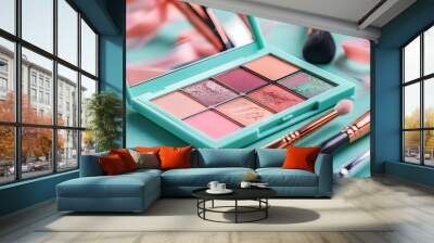 Makeup brushes nearby with a vibrant eyeshadow palette revealing an array of shimmering shades. Wall mural