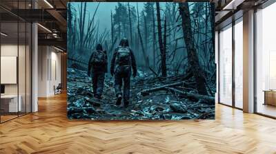 Two people walk through the forest after it has been burned down by a fire, which evokes a feeling of devastation and survival. Wall mural