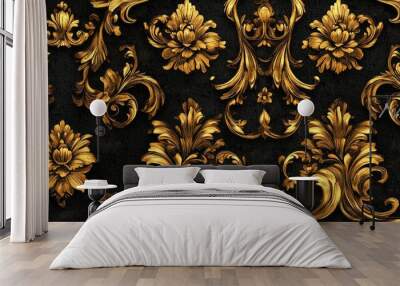 Baroque style gold floral ornament Golden element against a black backdrop Textured gold wallpaper Damask seamless repeating pattern Wall mural