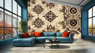 Beige Rustic Texture with Classic Wall Carpet Ikat African Print Brown Ethnic Drawings Seamless Batik Patterns Rustic Rough Background Beige Vintage Patterns Retro Floral Design and Ethnic Templat Wall mural