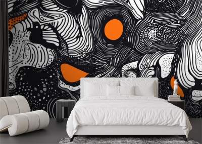 Black and white line doodles featuring a single orange accent creating intricate patterns and designs Wall mural