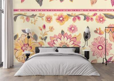 Colorful ornamental border in a seamless pattern featuring floral designs on pink yellow and beige hues Raster illustration with Indian motifs Wall mural