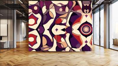 Decorative geometric and abstract elements in a seamless pattern featuring violet beige and red colors Raster illustration Wall mural