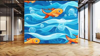 Four fish with long fins swimming amidst blue waves and floating bubbles in the ocean Wall mural