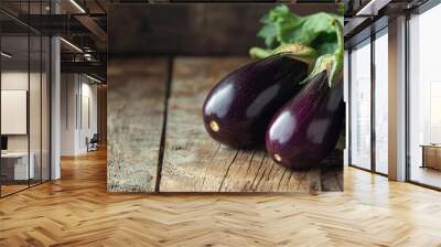 Fresh Eggplants On A Wooden Table Macro Photo Wall mural